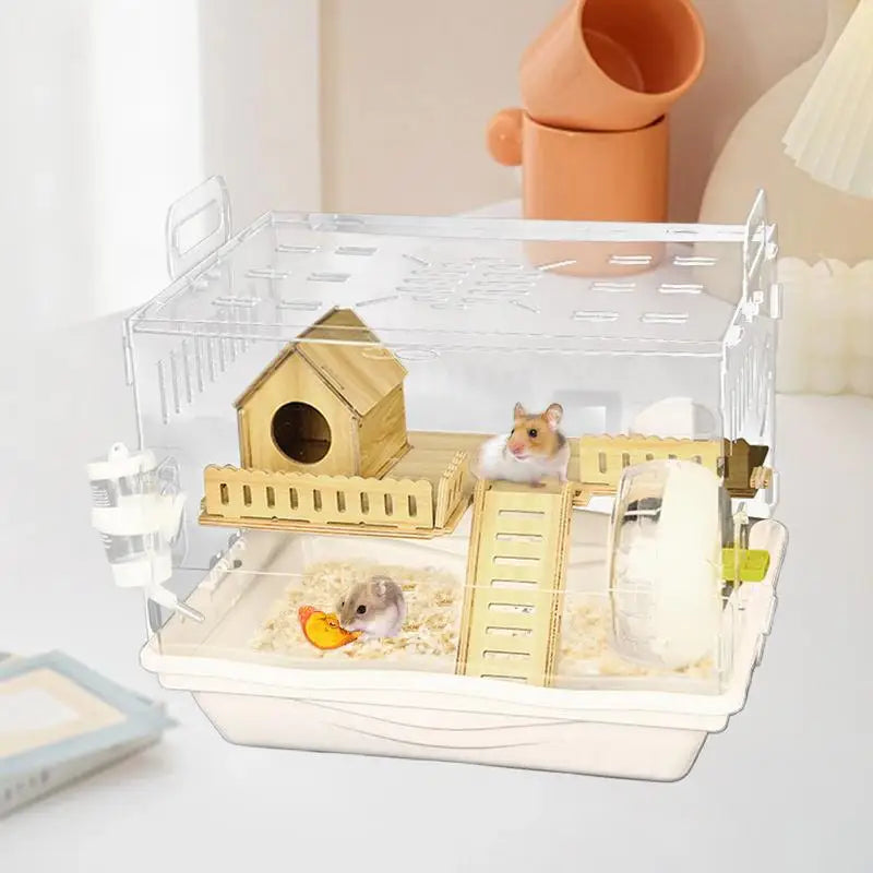 Acrylic Hamster Cage Wooden Small Animal Cage Accessories 2-Layer Small Pet Breathable House For Dwarf Hamsters Mice Gerbils