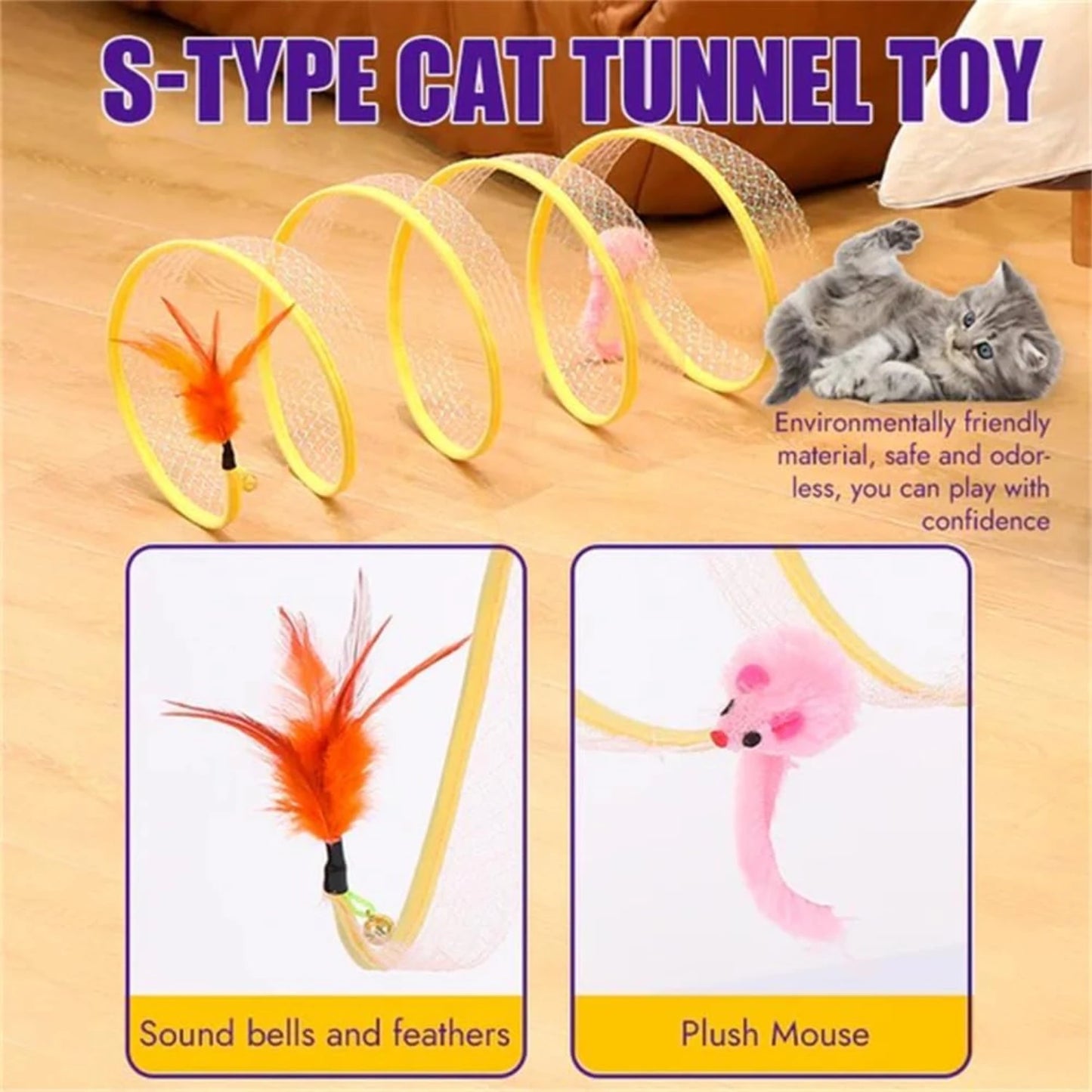 Spiral Cat Tunnel Toy, Cat Tunnels for Indoor Cats with Toys Feather Mouse