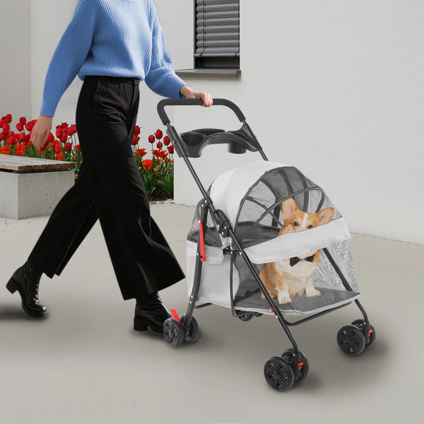 Gray Pet Cart Pet Foldable Pet Travel Cart Dog Stroller Portable Dog & Cat Basket Cart Puppy Carrier with Brake