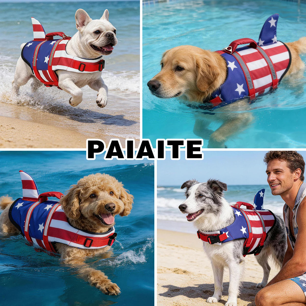 Shark US Flag Dog Life Jacket, Reflective Swim Vest with Rescue Handle, Adjustable High Buoyancy for Small Medium Large Dogs