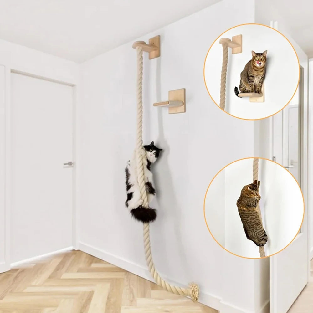 Cat Climbing Shelf and Rope Tree Wall Mounted Scratching Post Sisal Rope Lounging Interactive Play Toys Gym for Indoor Cats