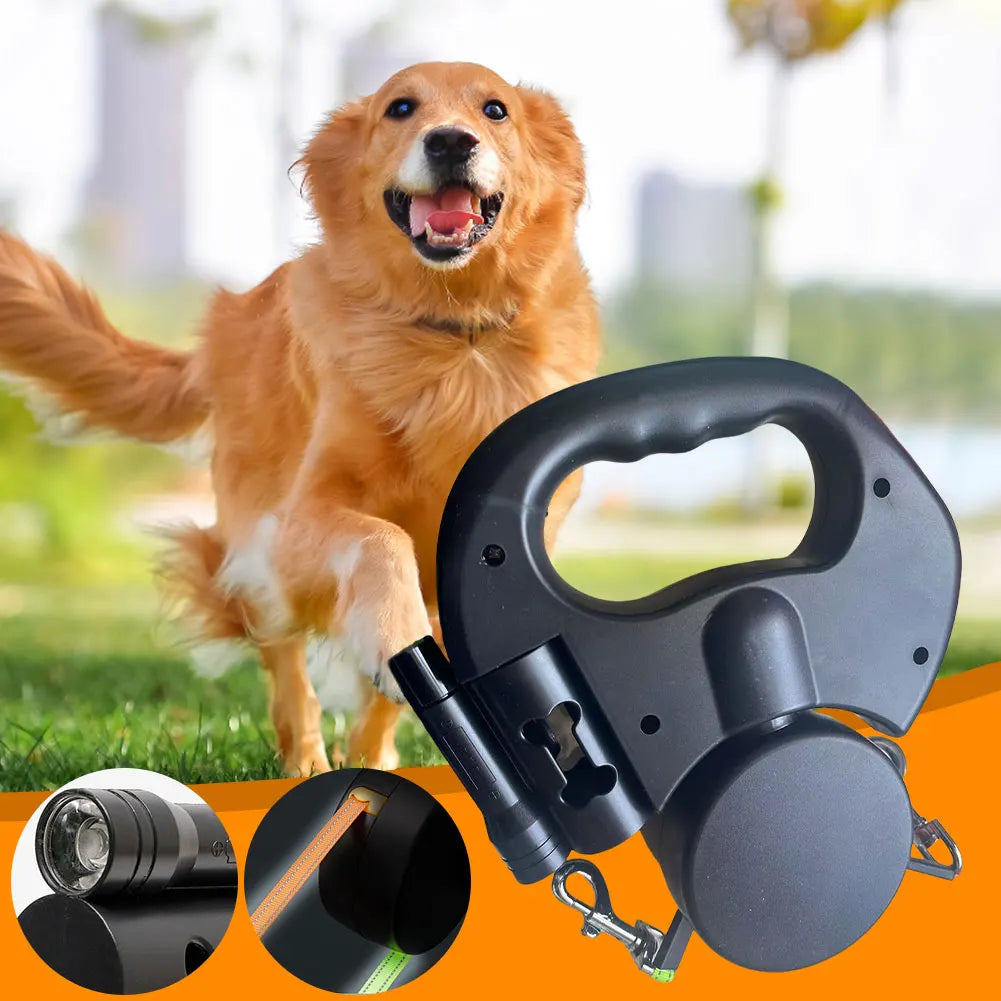 Double Headed Dog Leash Traction Rope 360 Degree Swivel Dog Walking Leash with LED Light Retractable Dog Leash for 2 Dogs