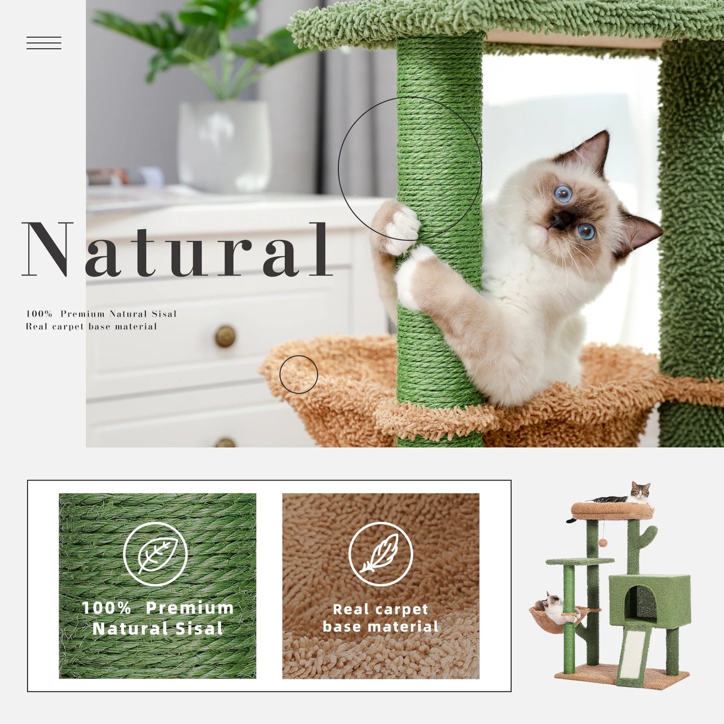Cactus Cat Tower with Sisal Covered Scratching Post and Cozy Condo for Indoor Cats Cat Climbing Stand with Plush Perch