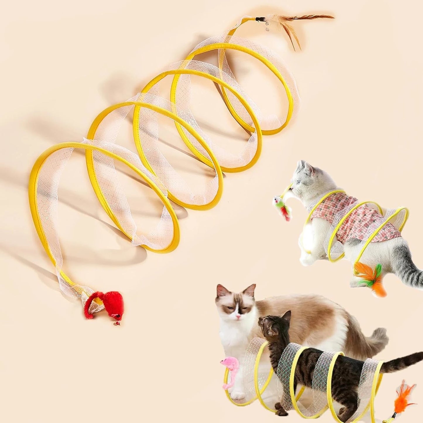 Spiral Cat Tunnel Toy, Cat Tunnels for Indoor Cats with Toys Feather Mouse