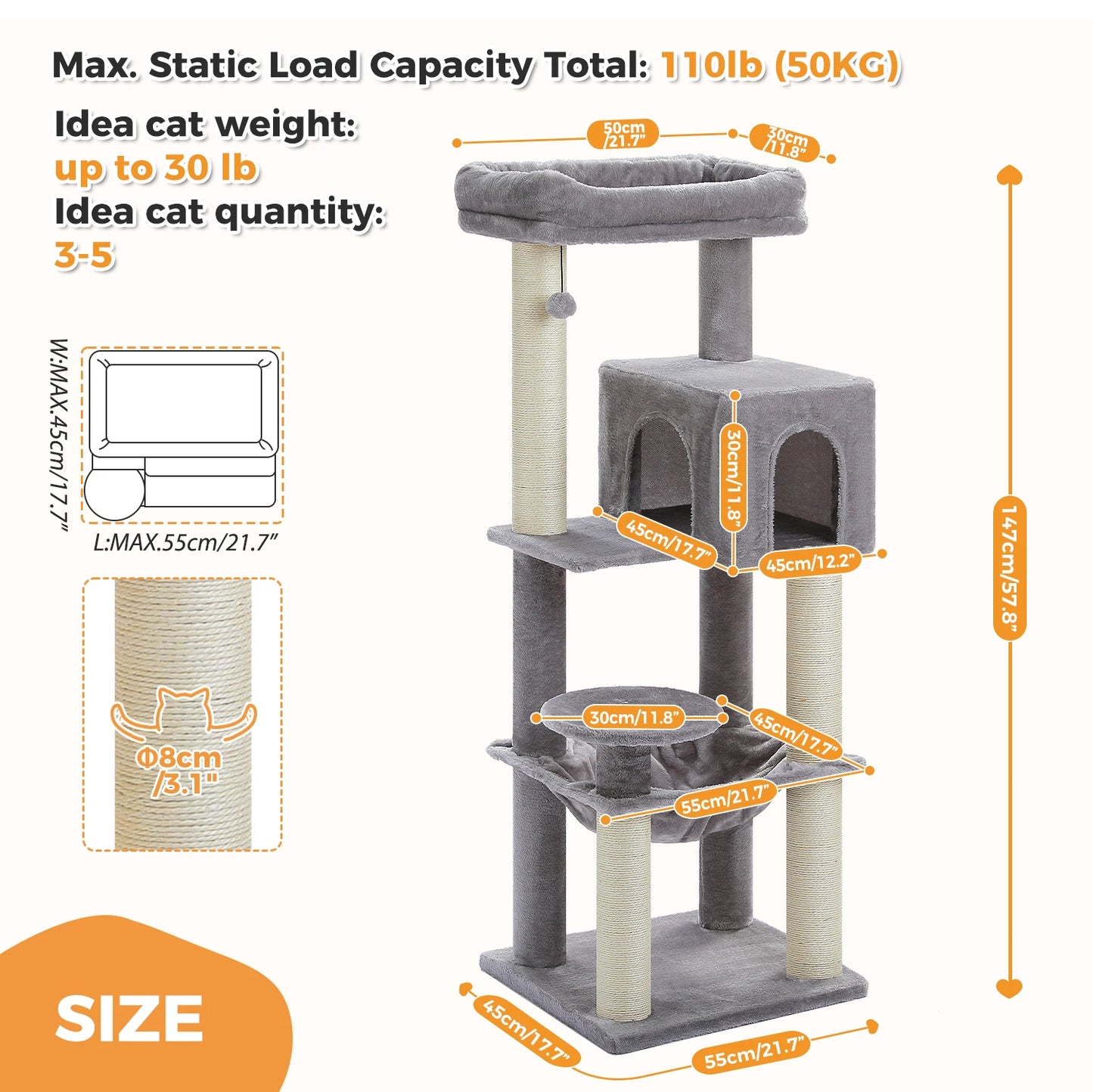 Large Multi-Tier Cat Tree Tower: Larger Hammock, Condo&Reinforced Scratching Posts – Perfect for Big Adult Cats,Cat Accessories