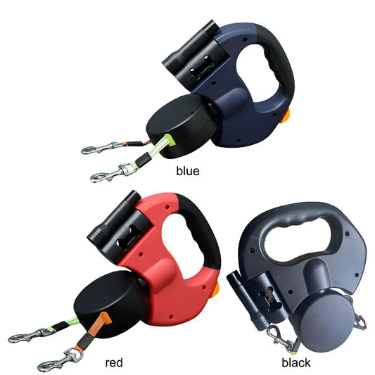 Double Headed Dog Leash Traction Rope 360 Degree Swivel Dog Walking Leash with LED Light Retractable Dog Leash for 2 Dogs