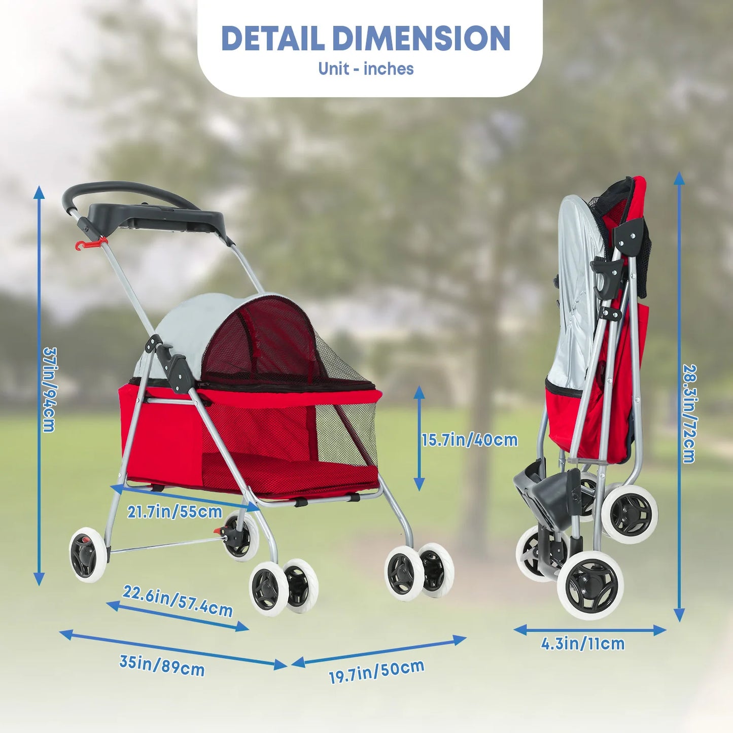 Portable 4-Wheel Pet Stroller, Posh Folding Waterproof Travel Carrier with Cup Holder for Small Medium Pets