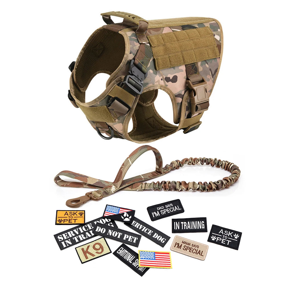Military Large Dog Harness Collar Leash Bags Patches Set Pet Malinois Training Vests Tactical Dogs Harnesses Accessories
