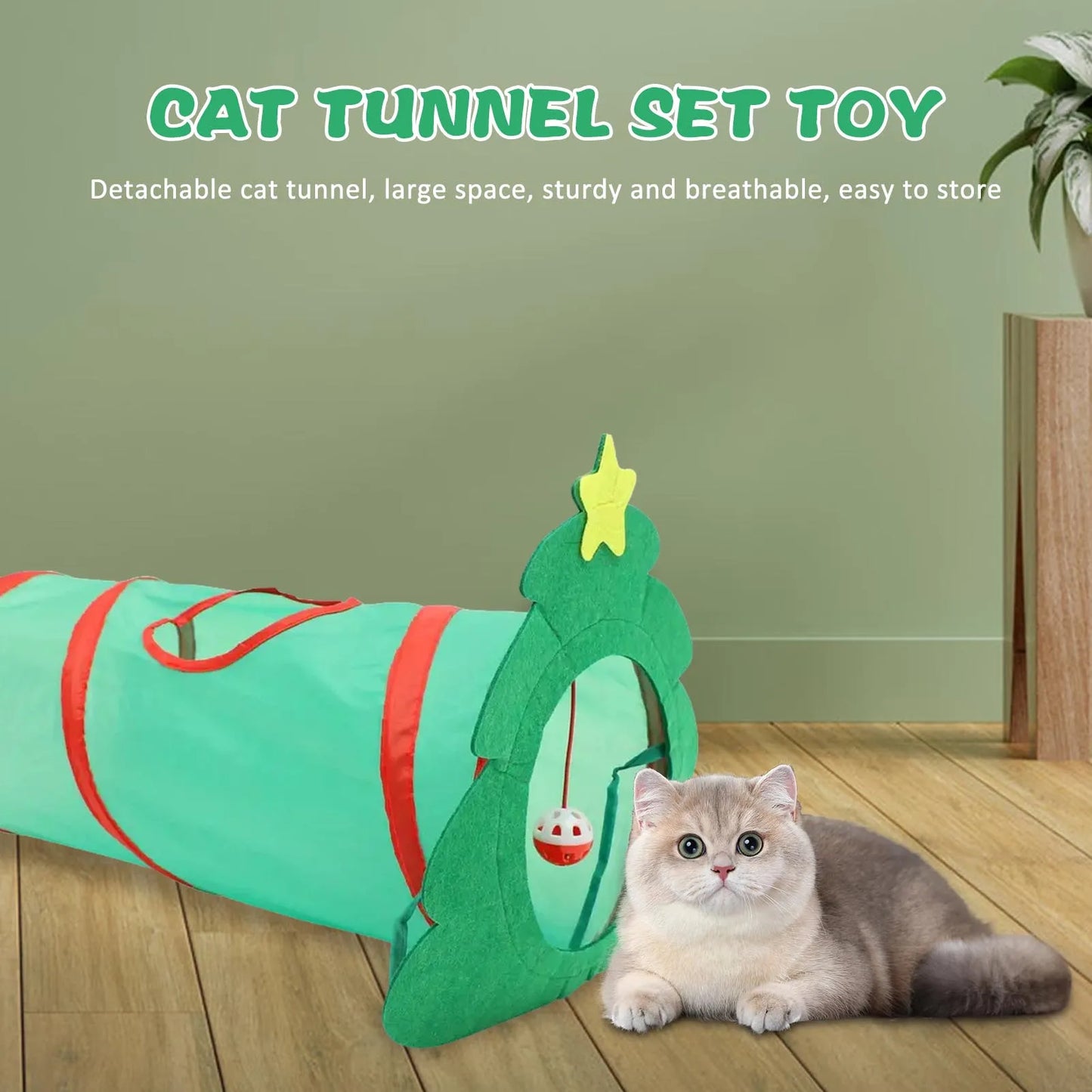 Xmas Cat Toys Kitten Tunnel Toys Set Variety Catnip Toys with Green Tunnel for Kitten Puppy Indoor Cats