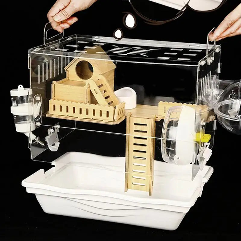 Acrylic Hamster Cage Wooden Small Animal Cage Accessories 2-Layer Small Pet Breathable House For Dwarf Hamsters Mice Gerbils
