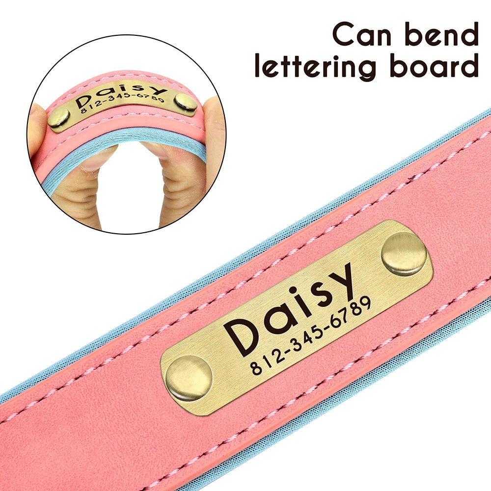 Personalized PU Leather Padded Dog Collar Customized ID Nameplate Pet Collar For Small Medium Dogs Durable Necklaces Accessories