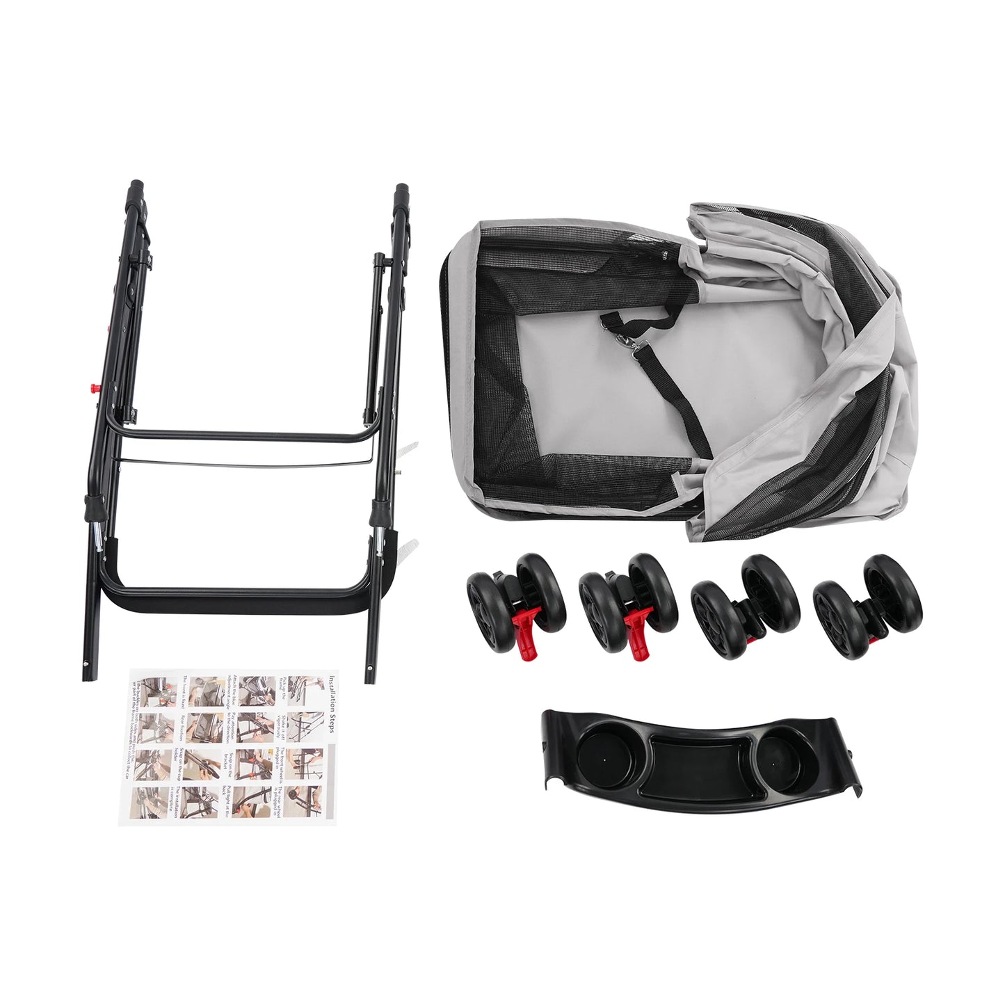 Gray Pet Cart Pet Foldable Pet Travel Cart Dog Stroller Portable Dog & Cat Basket Cart Puppy Carrier with Brake