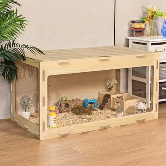 Wooden Hamster Cage Chewproof Bigger World 32" Large Hamster Cages and Habitats Openable Top and 3 Side Acrylic Sheets Small An