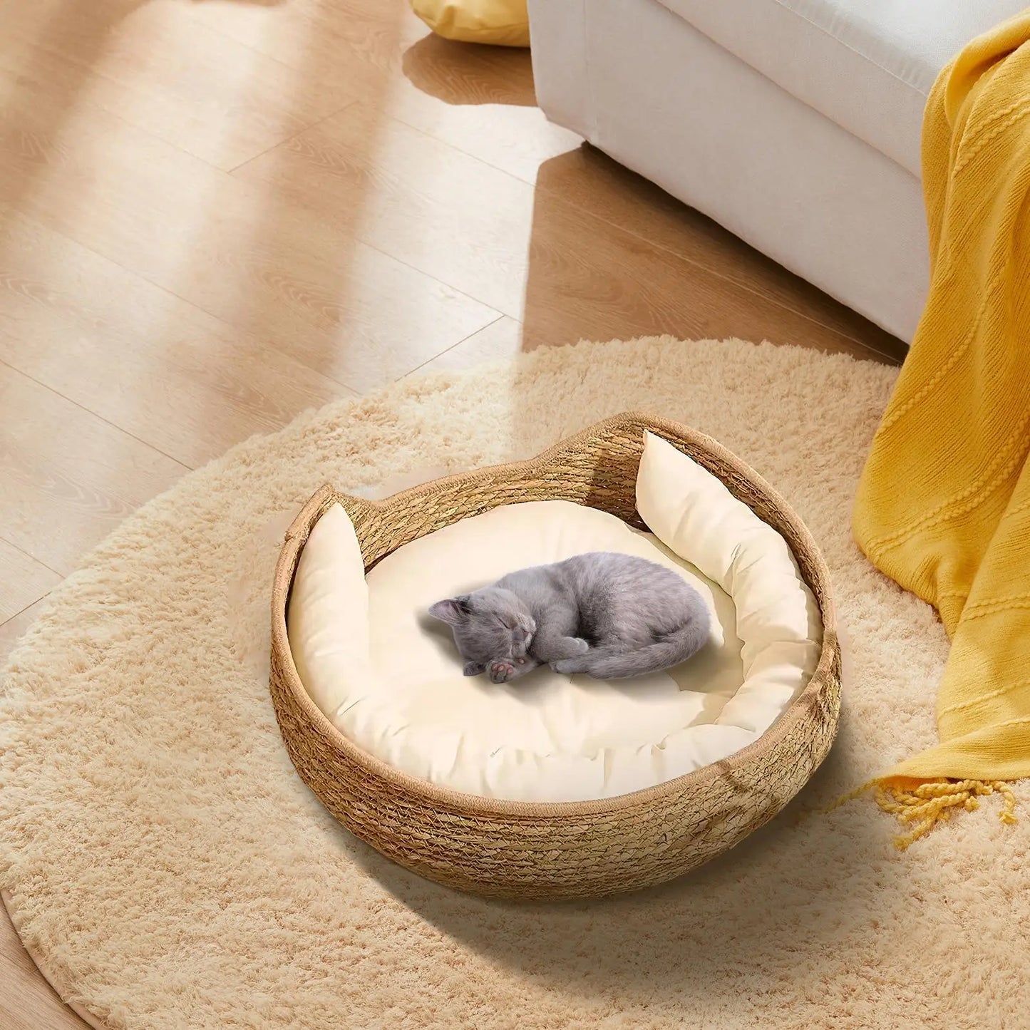 Cat Bed Cotton Rope Woven Cat Bed with Pillow and Cushion All Season Indoor Weaving Pet Resting Scratching Sleeping Furniture