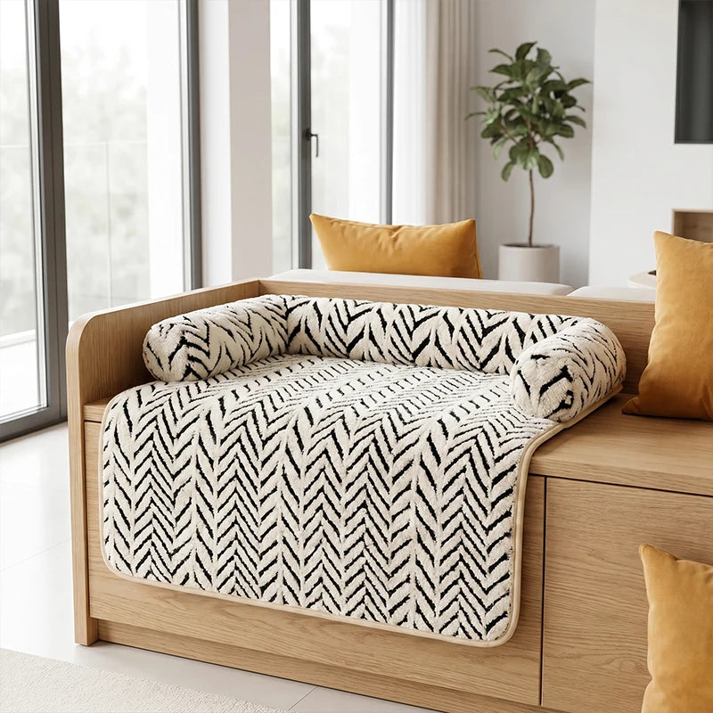 Pet Sofa Bed Mat with Side Bolsters Soft Fluffy Couch Protector Mat Anti-slip Dog Cat Bed Sleeping Cushion for Small Medium Pets