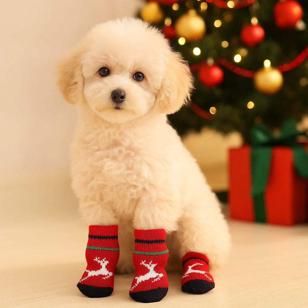 Christmas Pet Socks For Small Dogs Cat Shoes Boots For Winter Warm Knitted  Indoor Wear Slip On Paw Protector 4PCS