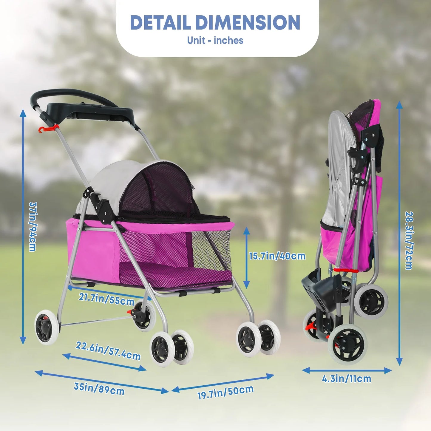 Portable 4-Wheel Pet Stroller, Posh Folding Waterproof Travel Carrier with Cup Holder for Small Medium Pets