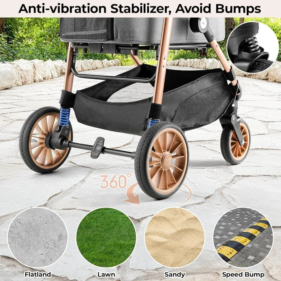 Foldable 4 Wheels Pet Stroller for Small Medium Dogs Cats up to 55lbs 3in1 Dog Stroller Detachable Carrier and OneClick Folding