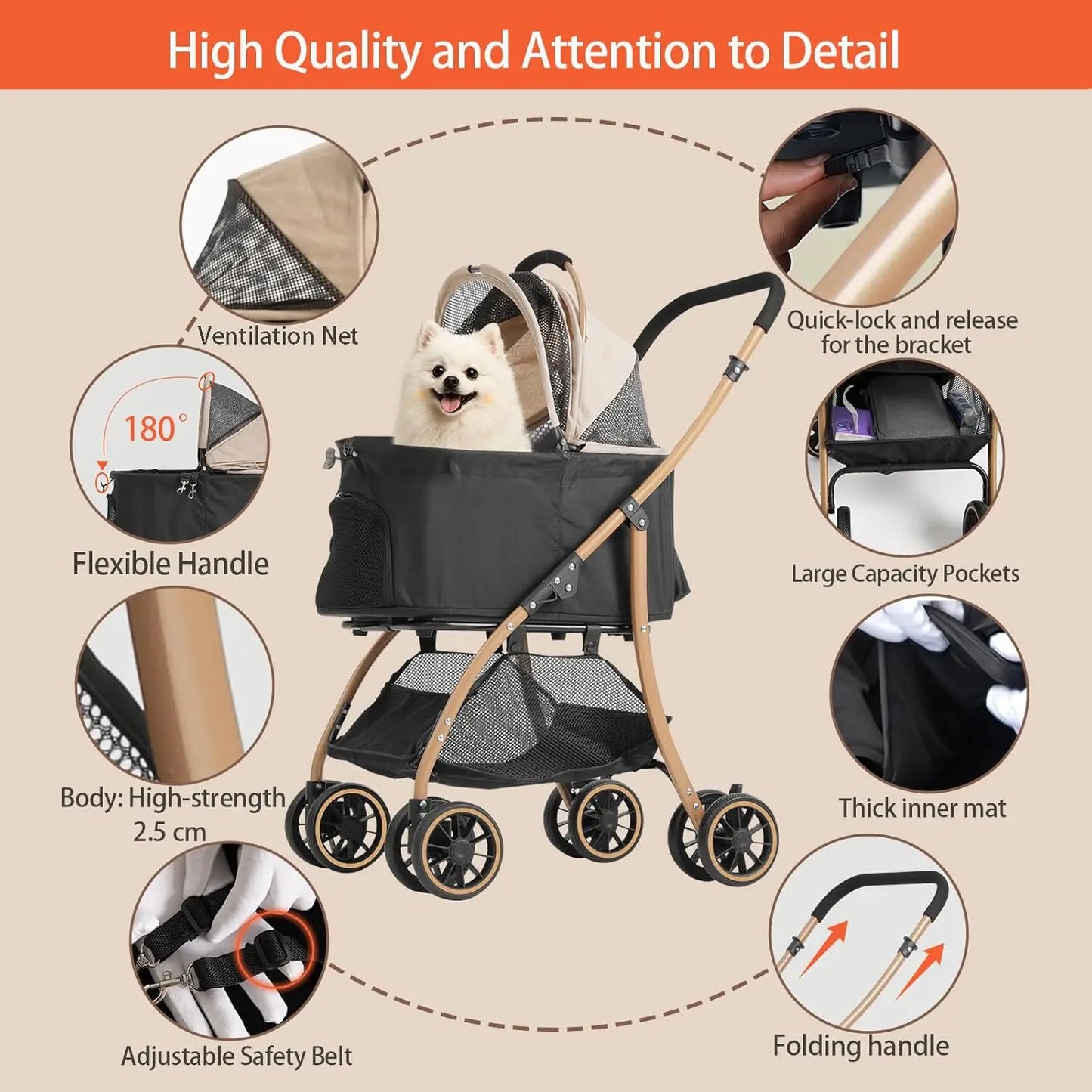 Lightweight Foldable Pet Stroller for Small Dogs & Cats, 35Lbs Capacity with Detachable Cradle and Cup Holder
