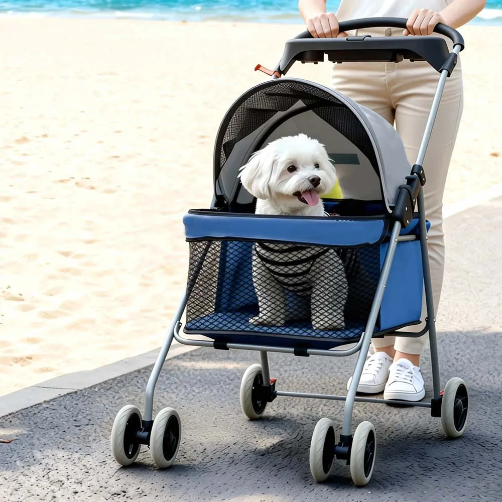 Portable 4-Wheel Pet Stroller, Posh Folding Waterproof Travel Carrier with Cup Holder for Small Medium Pets