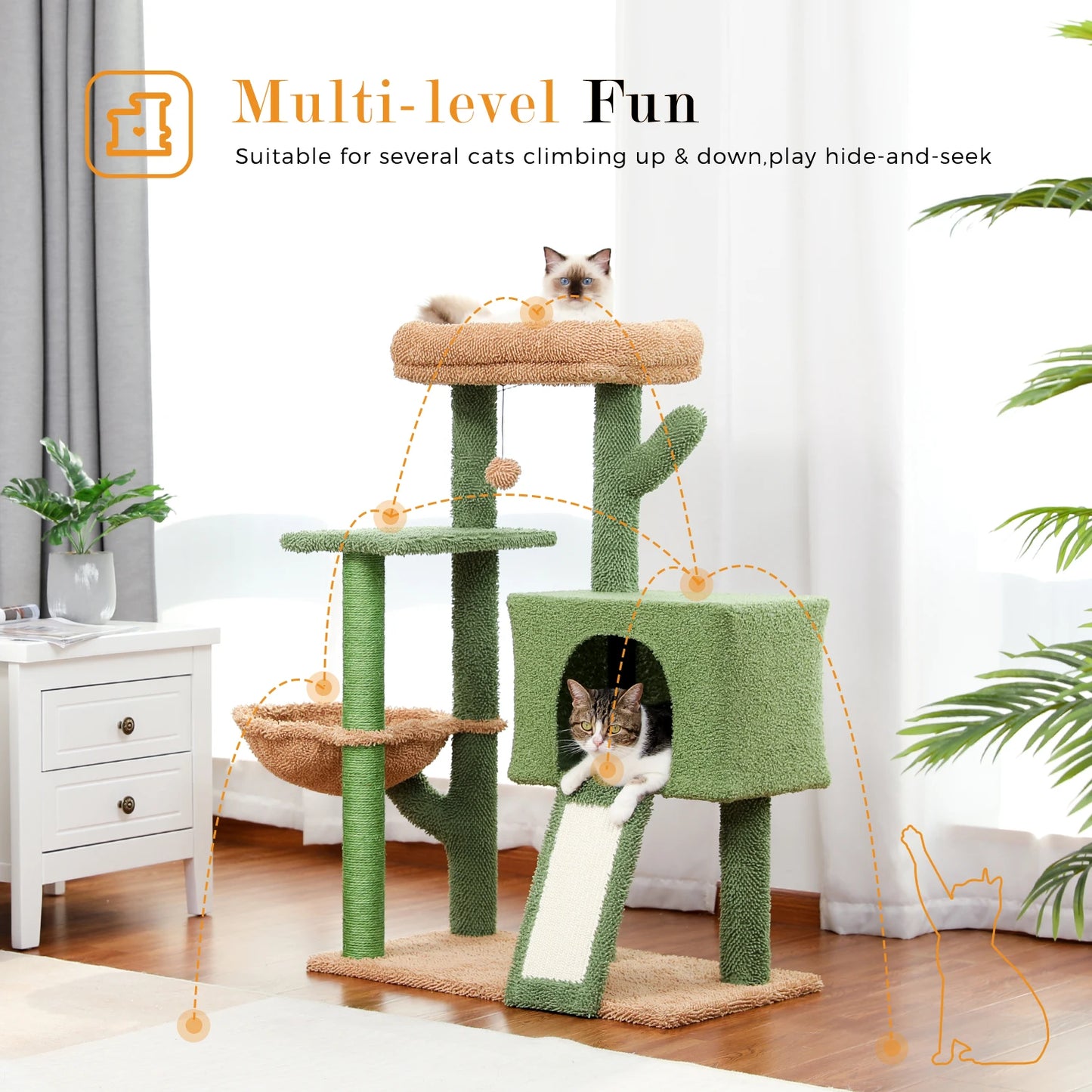 Cactus Cat Tower with Sisal Covered Scratching Post and Cozy Condo for Indoor Cats Cat Climbing Stand with Plush Perch