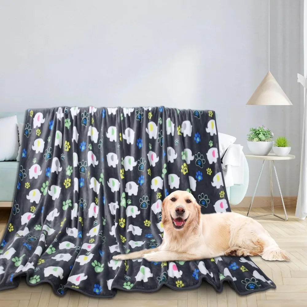 Dog Blankets for Large Dogs,with Flannel Gray Elephant Pattern and paw Prints, 60x50 inches, Cat Blanket Puppy Supplies Dog, So