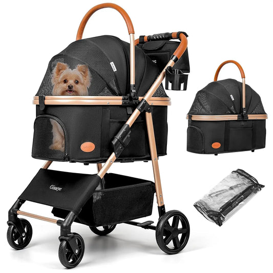 Foldable 3-in-1 Pet Stroller for Small/Medium Dogs Cats up to 50 lbs, with Carrier, Storage Basket, Rain Cover