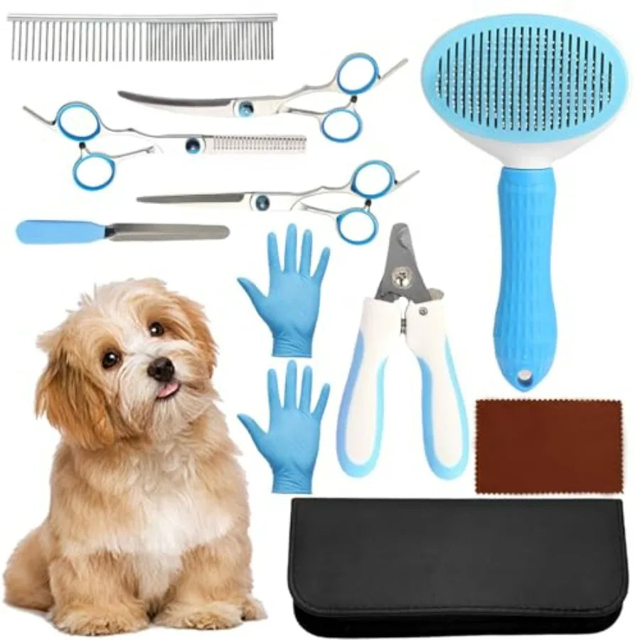Dog Grooming Kit 9pcs Professional Scissors Set with Comb for Dogs Cats Dog Brush for Shedding Nail Clipper with Nail File Brus