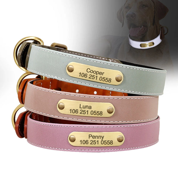 Personalized Dog Collar Dog Leather Padded Pet ID Collar Free Engraved Puppy Collars Reflective For Small Medium Large Dogs