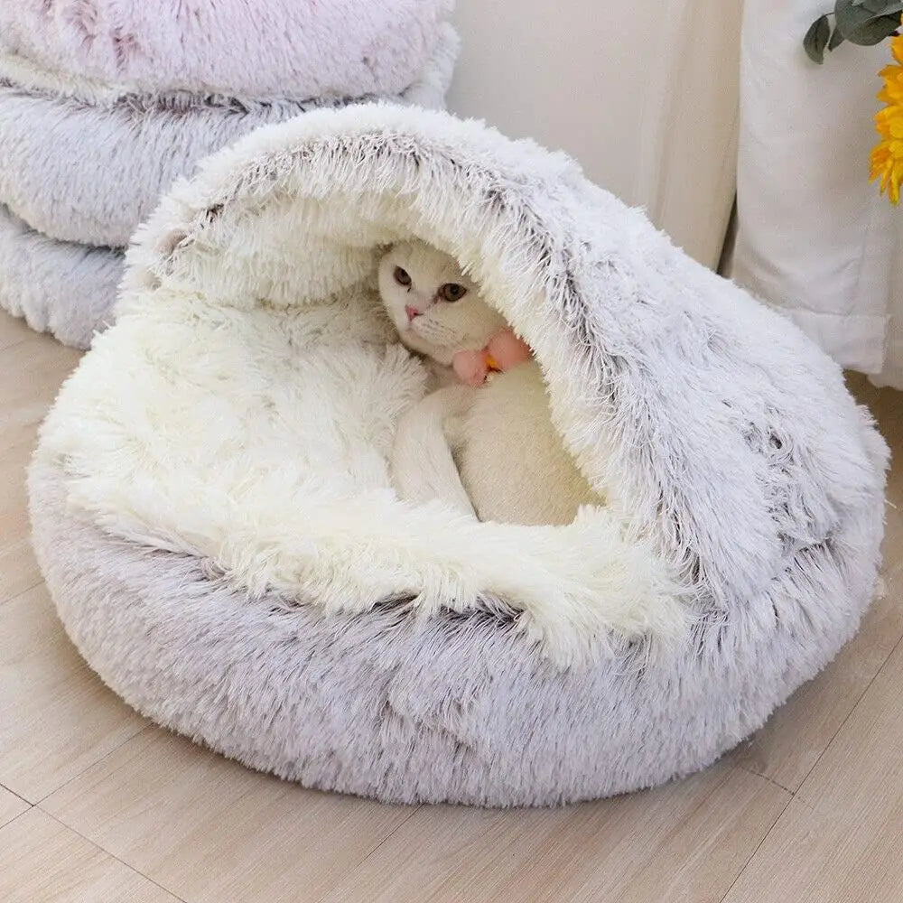 Soft Plush Pet Bed Round Semi Closed Cat Bed Shell Type Pet Mattress Warm Cat Dog 2 in 1 Sleeping Nest Cave for Small Dogs