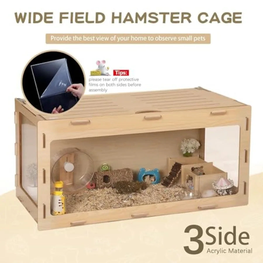 Wooden Hamster Cage Chewproof Bigger World 32" Large Hamster Cages and Habitats Openable Top and 3 Side Acrylic Sheets Small An