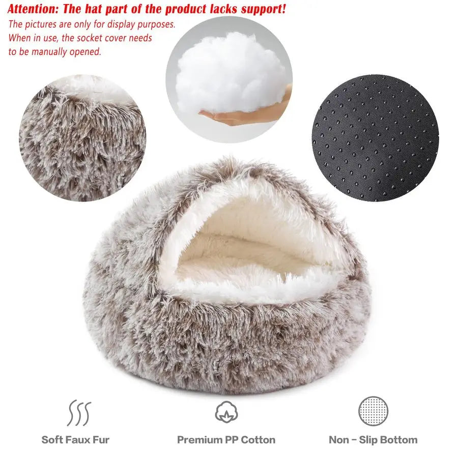 Round Hooded Donut Dog Bed for Small amp Medium Pets Plush Fluffy AntiAnxiety Cat Cave Bed with Cover