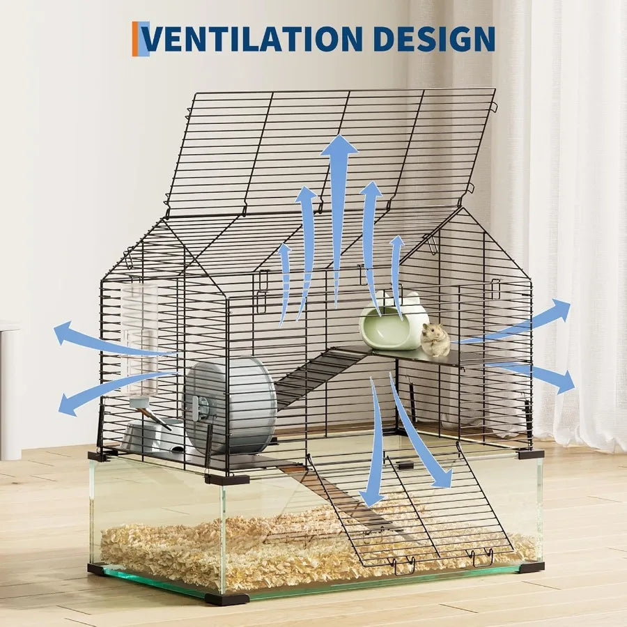 3 Tiers Large Hamster Cages Metal Guinea Pig Cages Habitat with 4pcs Hamster Cages Accessories Transparent Small Animal Habitat
