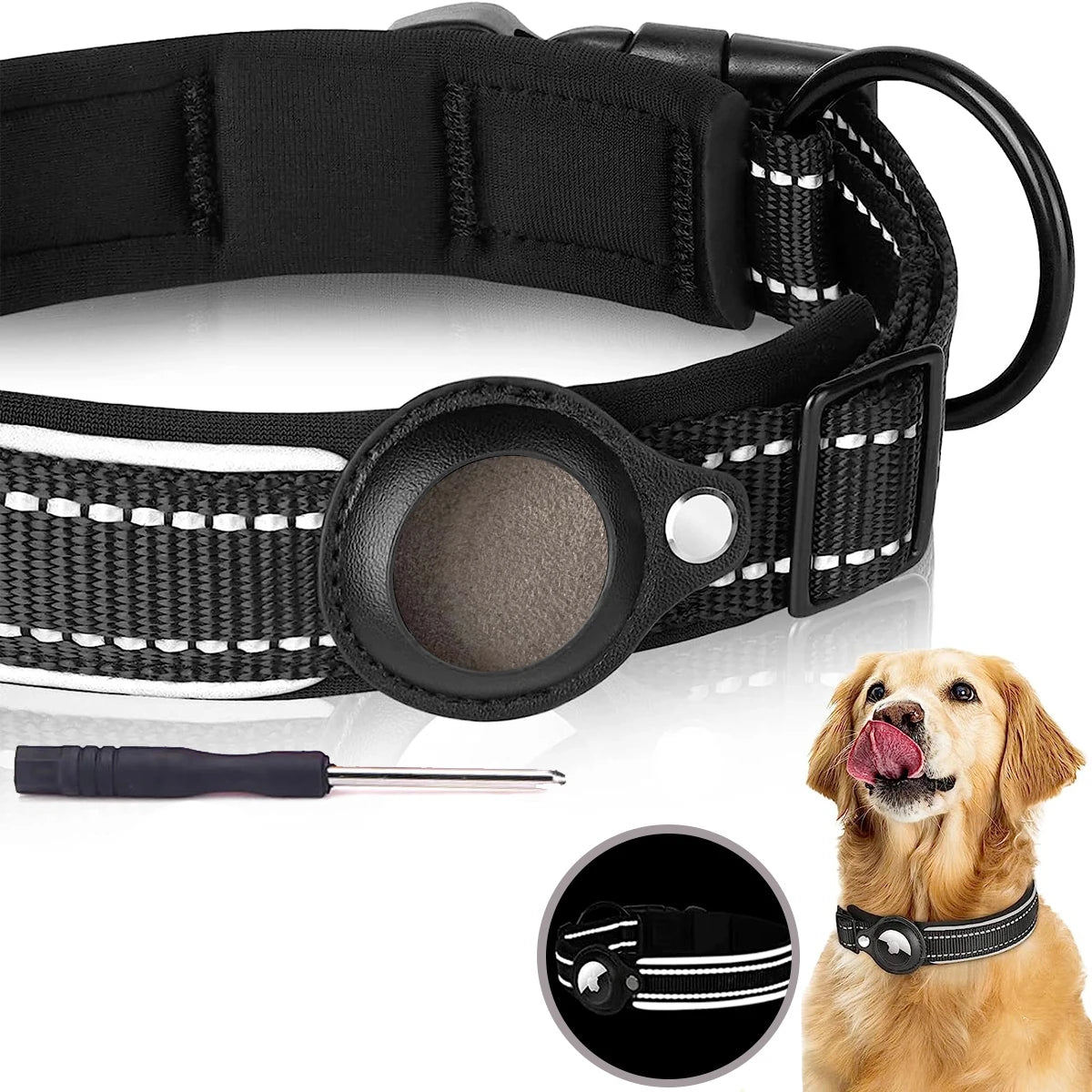 AirTag Dog Collar Reflective Dog Collar Padded Dog Collars AirTag Holder Case Adjustable Pet Collar for Small Medium Large Dogs