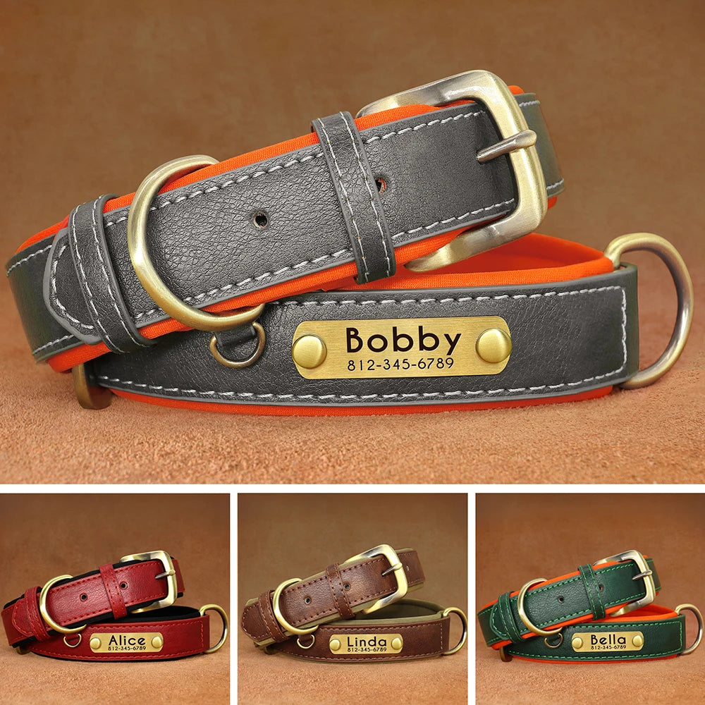 Personalized PU Leather Padded Dog Collar Customized ID Nameplate Pet Collar For Small Medium Dogs Durable Necklaces Accessories