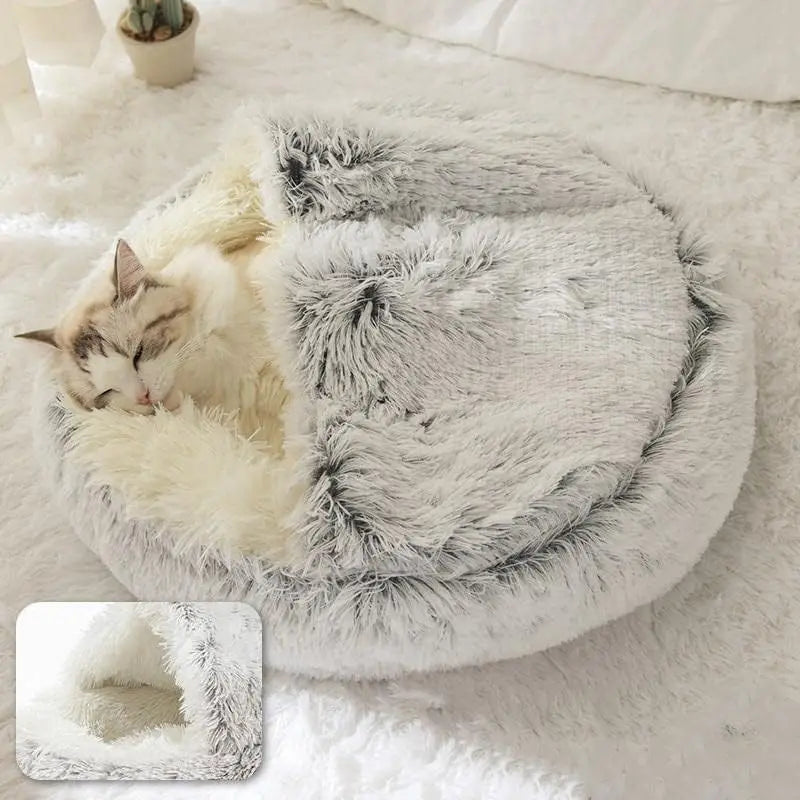 Soft Plush Pet Bed Round Semi Closed Cat Bed Shell Type Pet Mattress Warm Cat Dog 2 in 1 Sleeping Nest Cave for Small Dogs