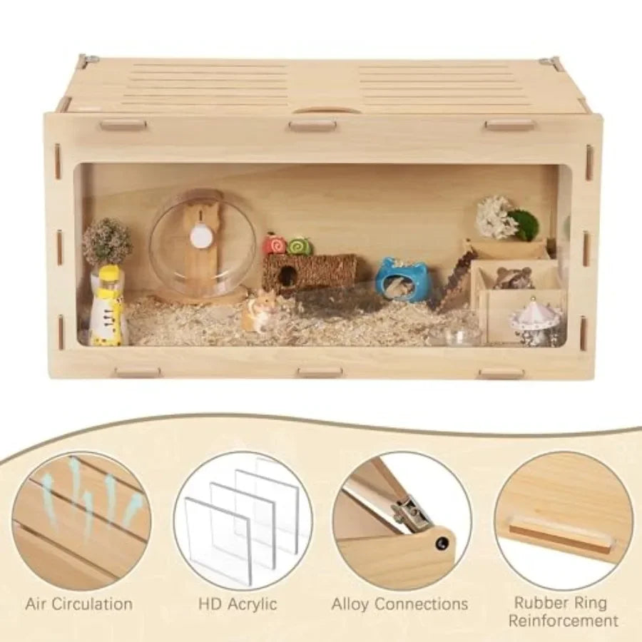 Wooden Hamster Cage Chewproof Bigger World 32" Large Hamster Cages and Habitats Openable Top and 3 Side Acrylic Sheets Small An