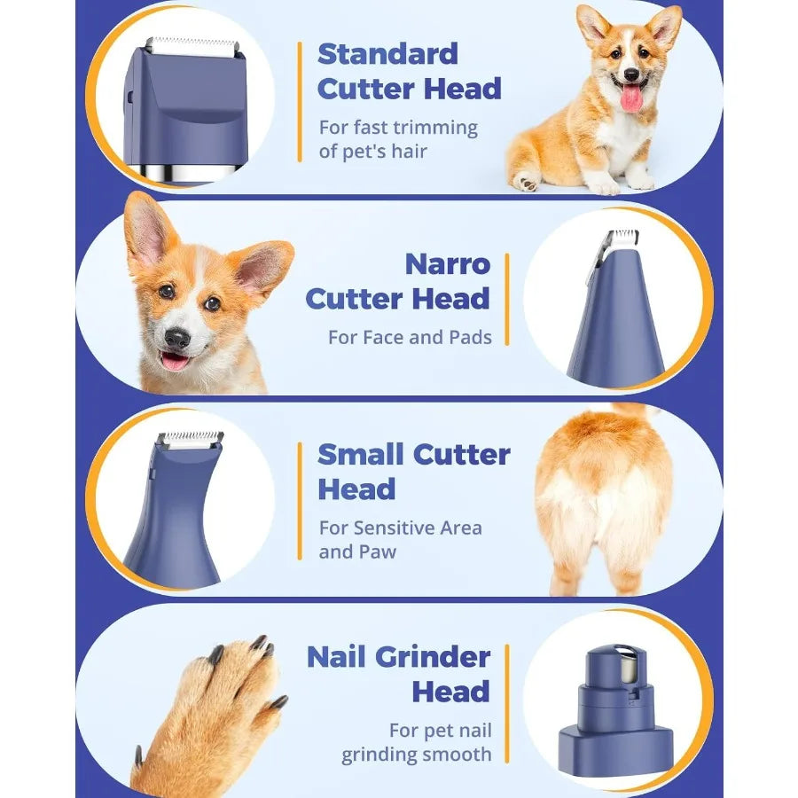 Dog Clippers Dog Paw Trimmer 4in1 Cordless Grooming Kit: 2Speed Low Noise Clippers with Rechargeable Quiet Nail Grinder for Dog