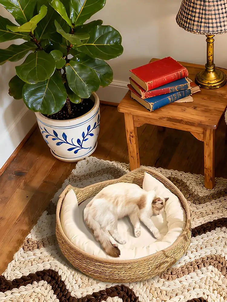 Cat Bed Cotton Rope Woven Cat Bed with Pillow and Cushion All Season Indoor Weaving Pet Resting Scratching Sleeping Furniture