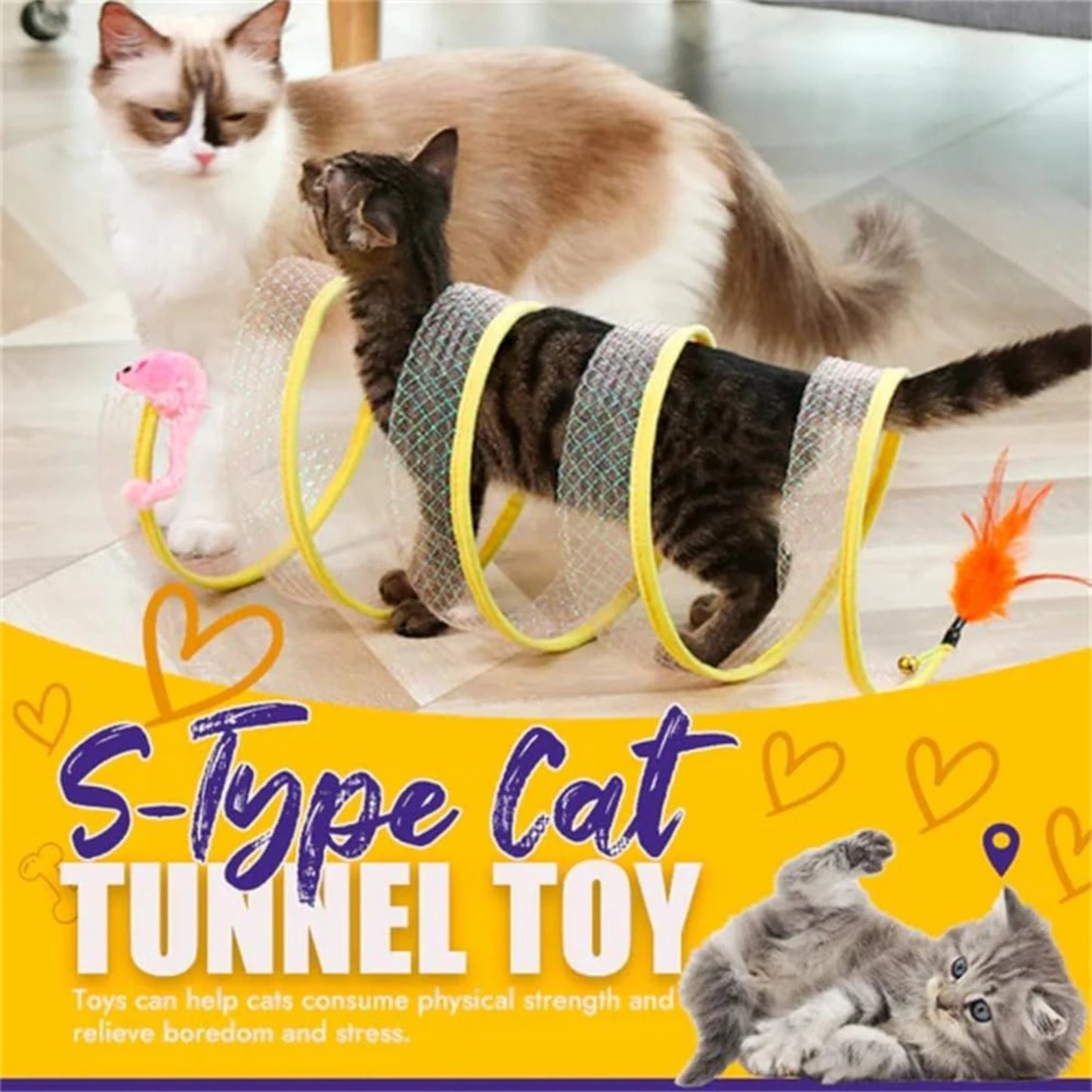 Spiral Cat Tunnel Toy, Cat Tunnels for Indoor Cats with Toys Feather Mouse