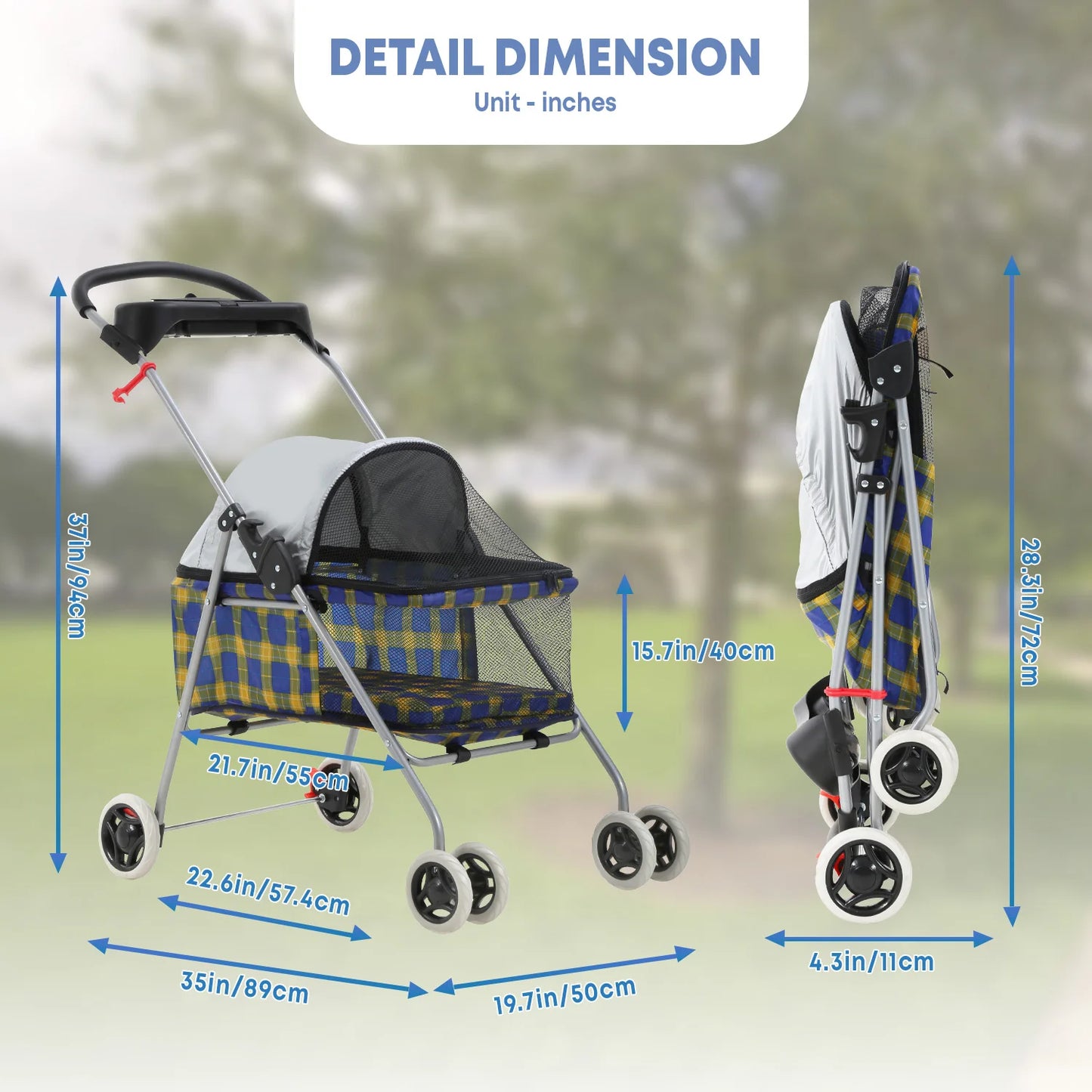 Portable 4-Wheel Pet Stroller, Posh Folding Waterproof Travel Carrier with Cup Holder for Small Medium Pets