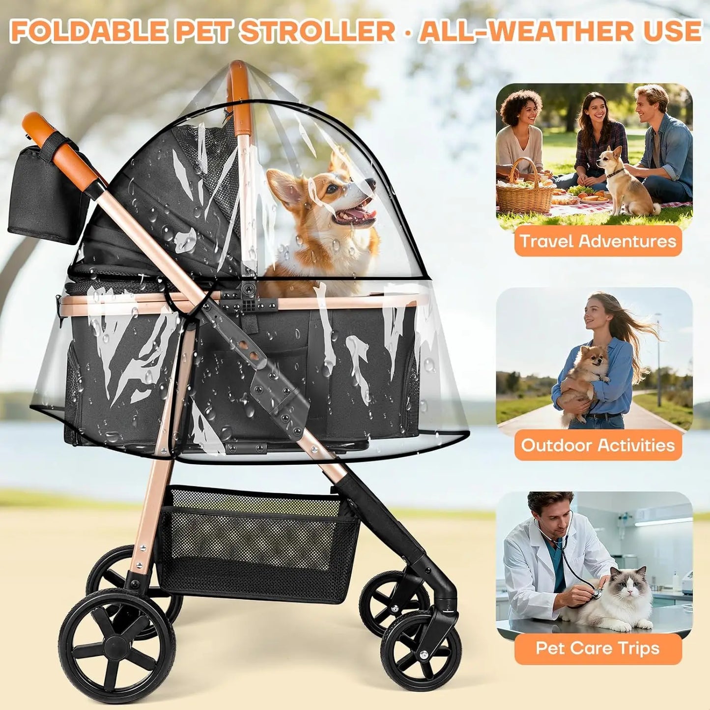 Foldable 3-in-1 Pet Stroller for Small/Medium Dogs Cats up to 50 lbs, with Carrier, Storage Basket, Rain Cover