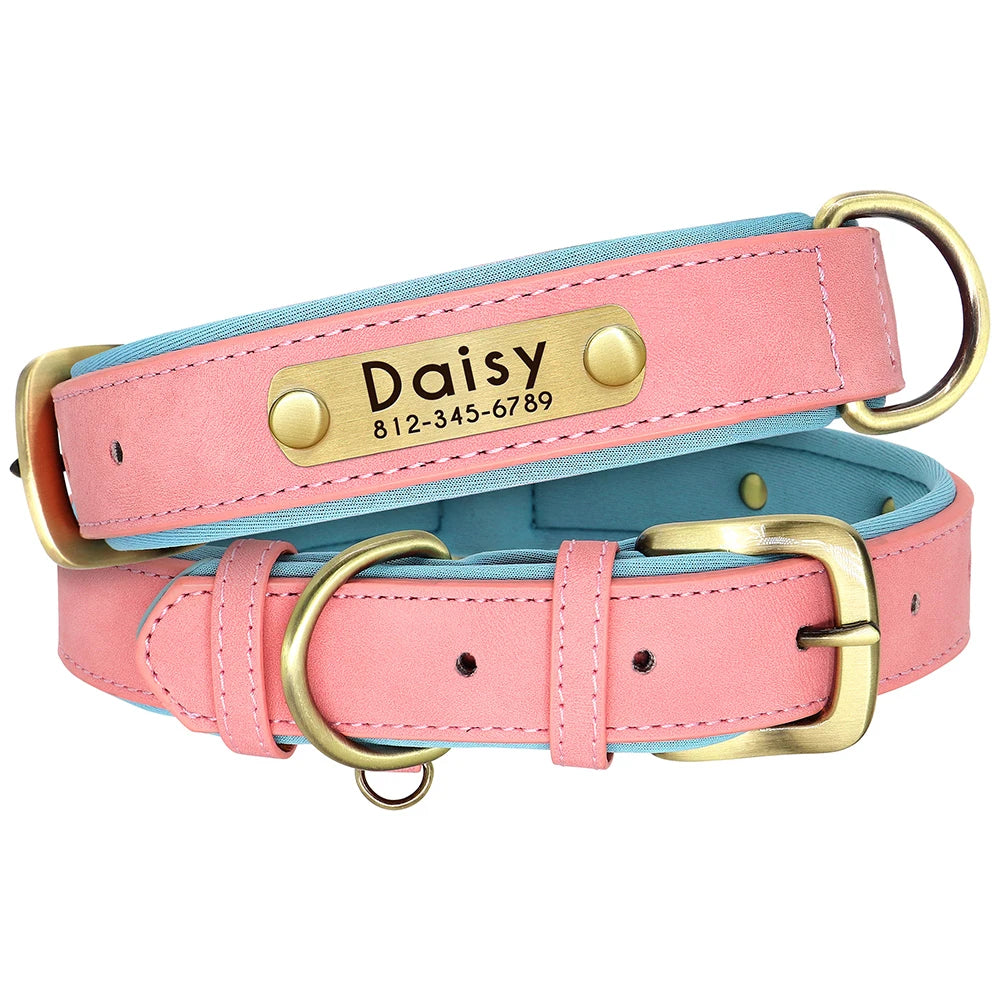 Personalized PU Leather Padded Dog Collar Customized ID Nameplate Pet Collar For Small Medium Dogs Durable Necklaces Accessories