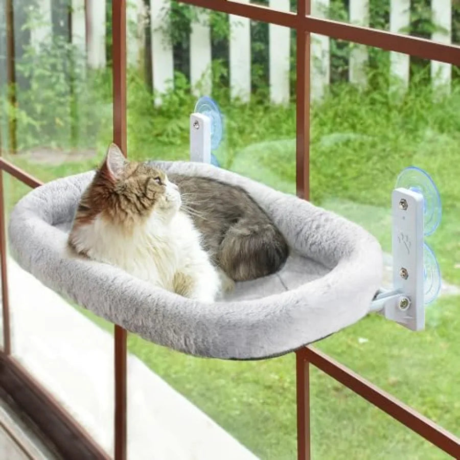 Cordless Cat Window Perch Cat Hammock for Wall with 4 Strong Suction Cups Solid Metal Frame and Two Replaceable Covers Foldable