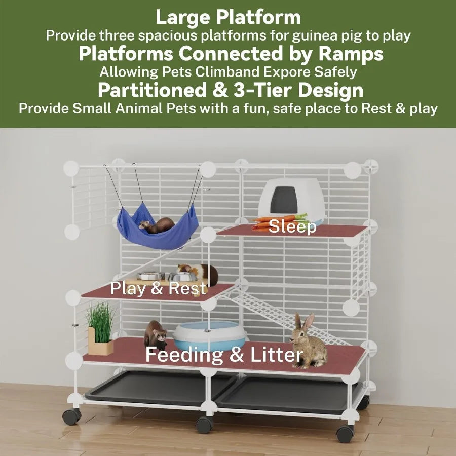 3Tier Compact Indoor Small Animal Cage with Wheels and Removable Tray for Guinea Pigs Rabbits Hamsters Ferrets Rats Chinchillas