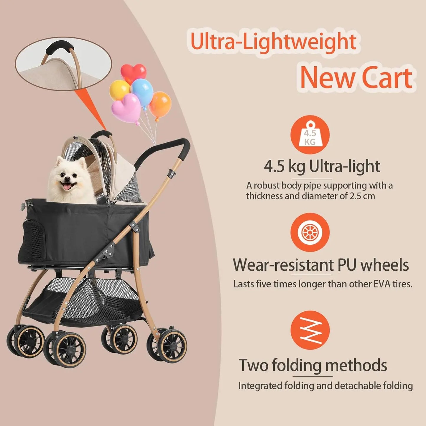 Lightweight Foldable Pet Stroller for Small Dogs & Cats, 35Lbs Capacity with Detachable Cradle and Cup Holder