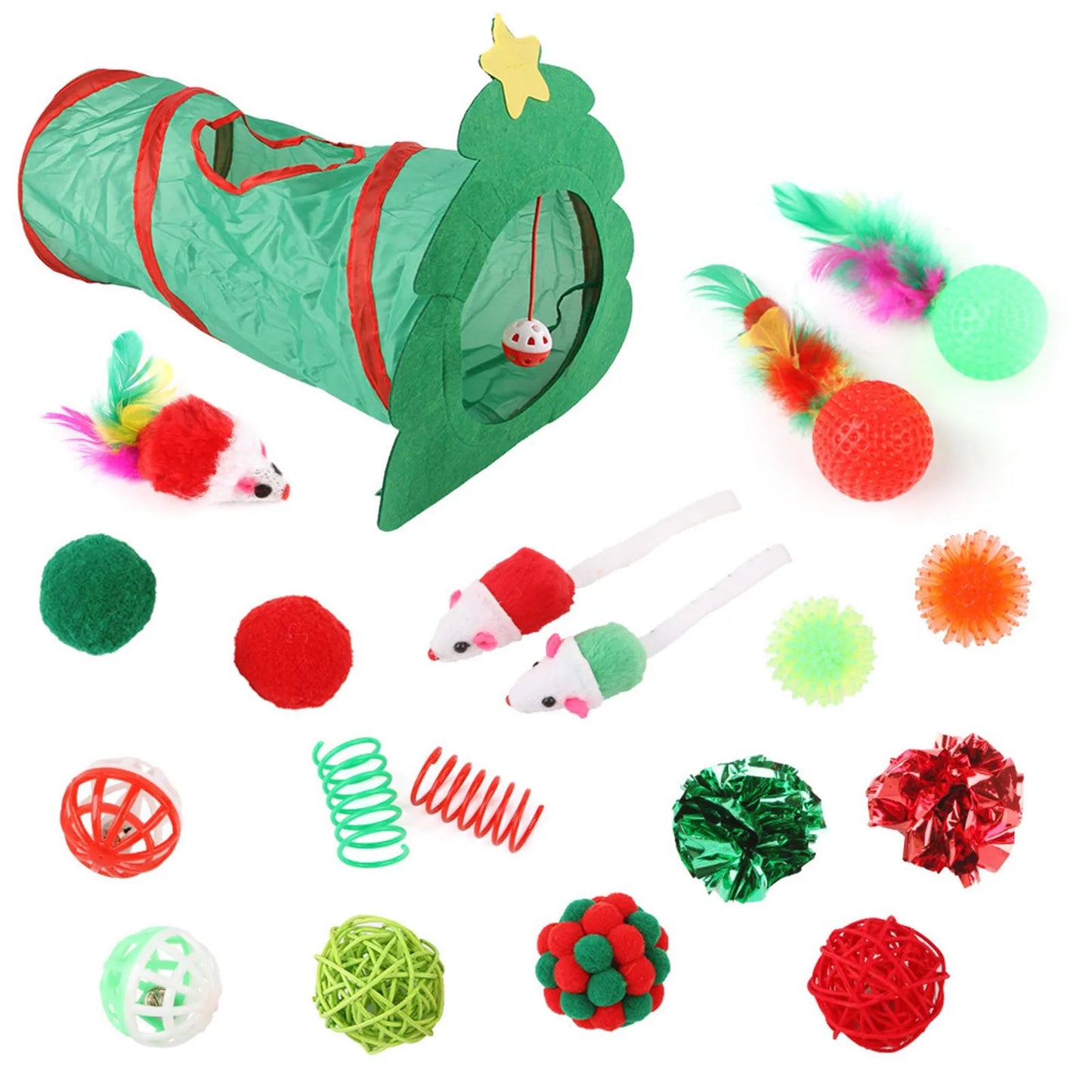 Xmas Cat Toys Kitten Tunnel Toys Set Variety Catnip Toys with Green Tunnel for Kitten Puppy Indoor Cats