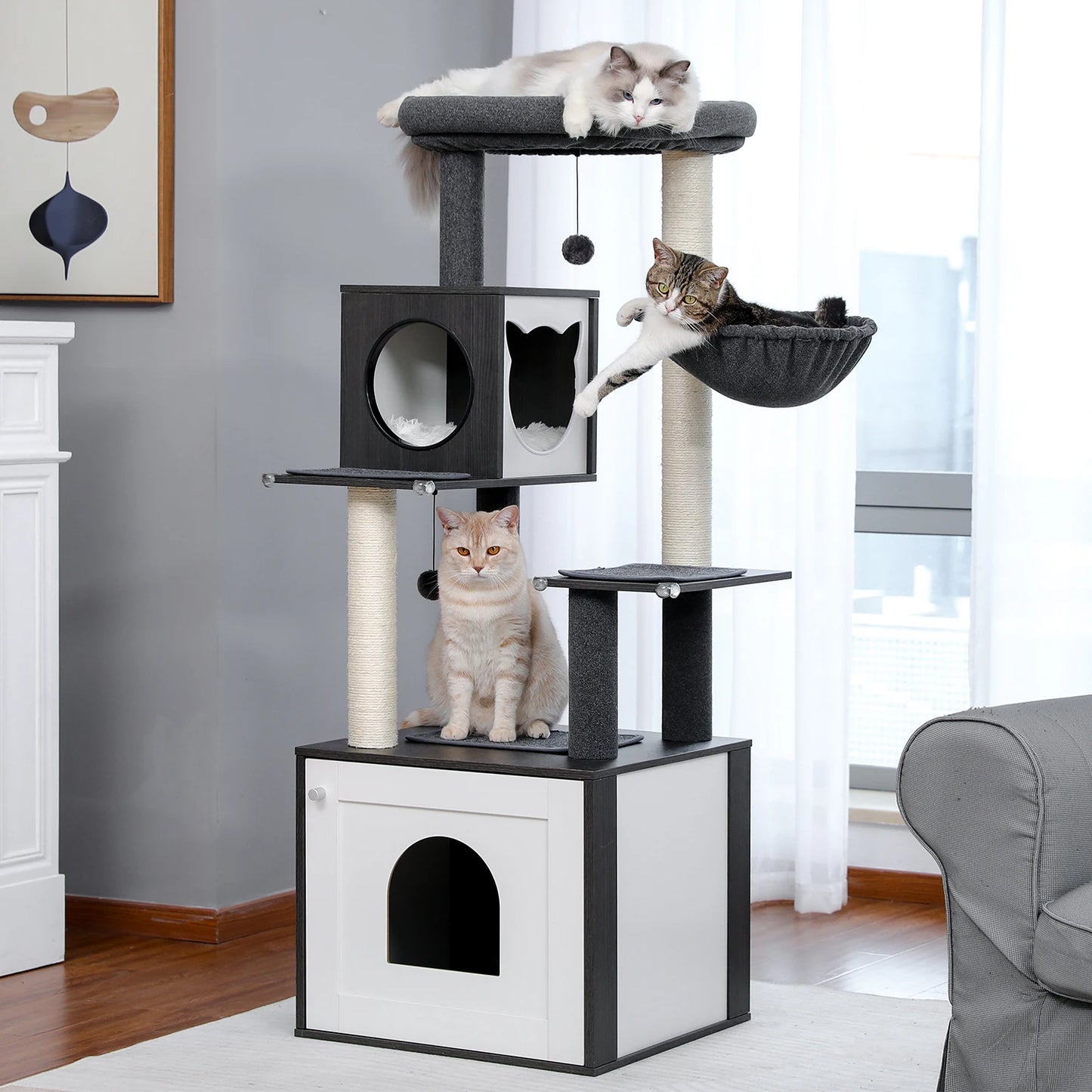 Multi-Level Cat Tree with Scratching Posts Spacious Condo Hammock Top Perch