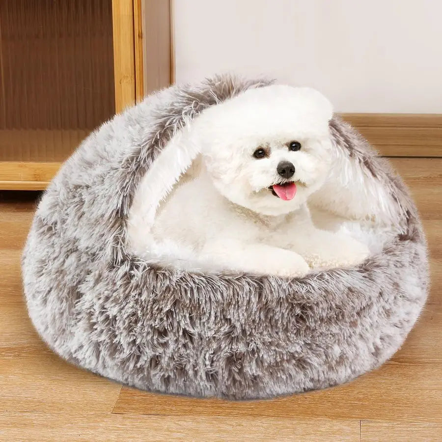 Round Hooded Donut Dog Bed for Small amp Medium Pets Plush Fluffy AntiAnxiety Cat Cave Bed with Cover