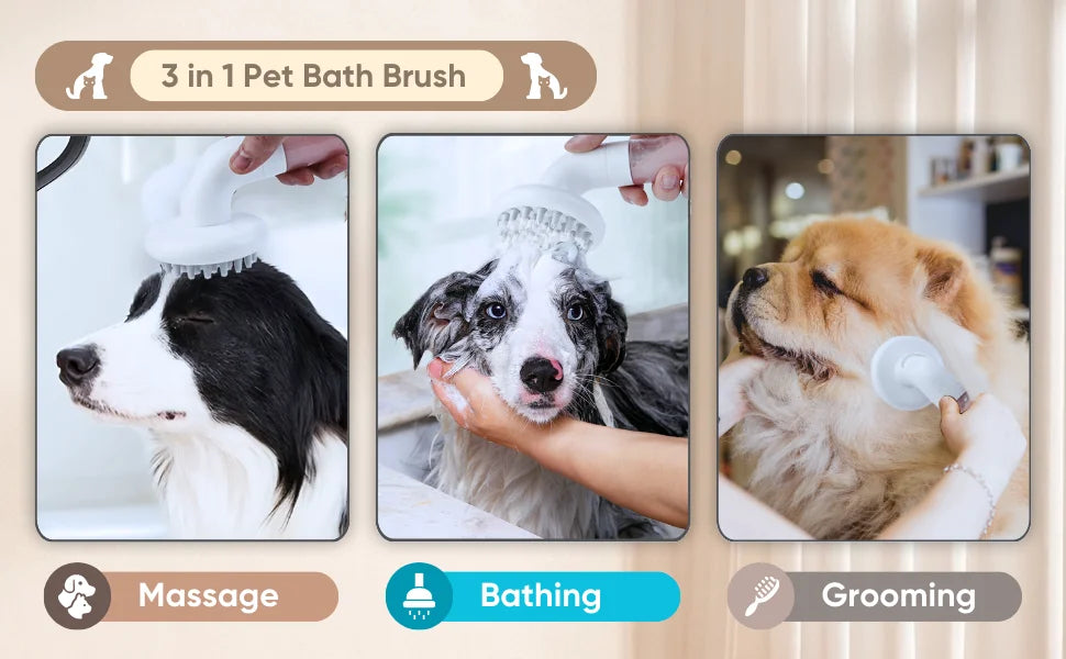 Dog Bath Brush 3 in1 Dog Shampoo Brush Soft Silicone Dog Brush for Pet Grooming Washing Soap Brush 36 Clean Massage Brush Head